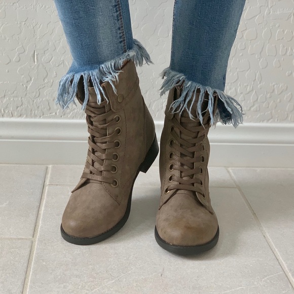 Taupe Fold Over Cuffed Lace Up Combat Boots - Picture 5 of 8